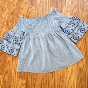 Beach Lunch Lounge Blue Off Shoulder 100% Cotton Smocked Blouse